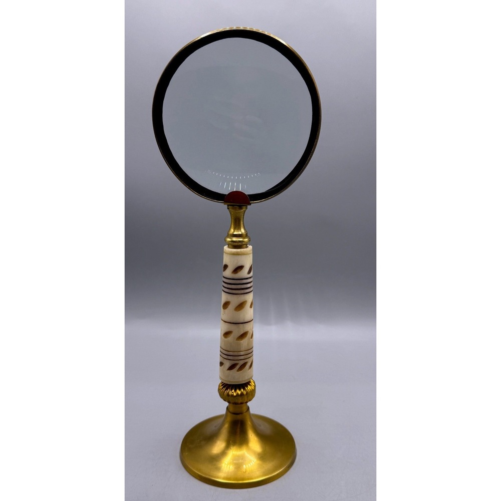 Vintage Brass Standing Magnifying Glass Pedestal Desk Decor Etched Handle